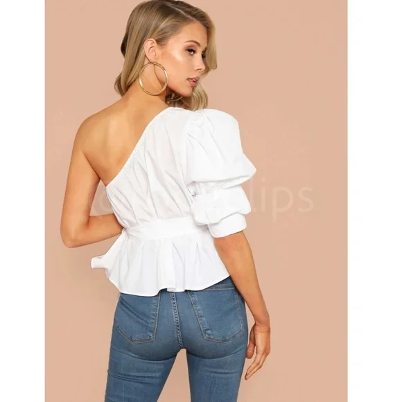 Cotton Blend White One Shoulder Top Tie Belt Puff Short Sleeve Peplum Style - Picture 4 of 7